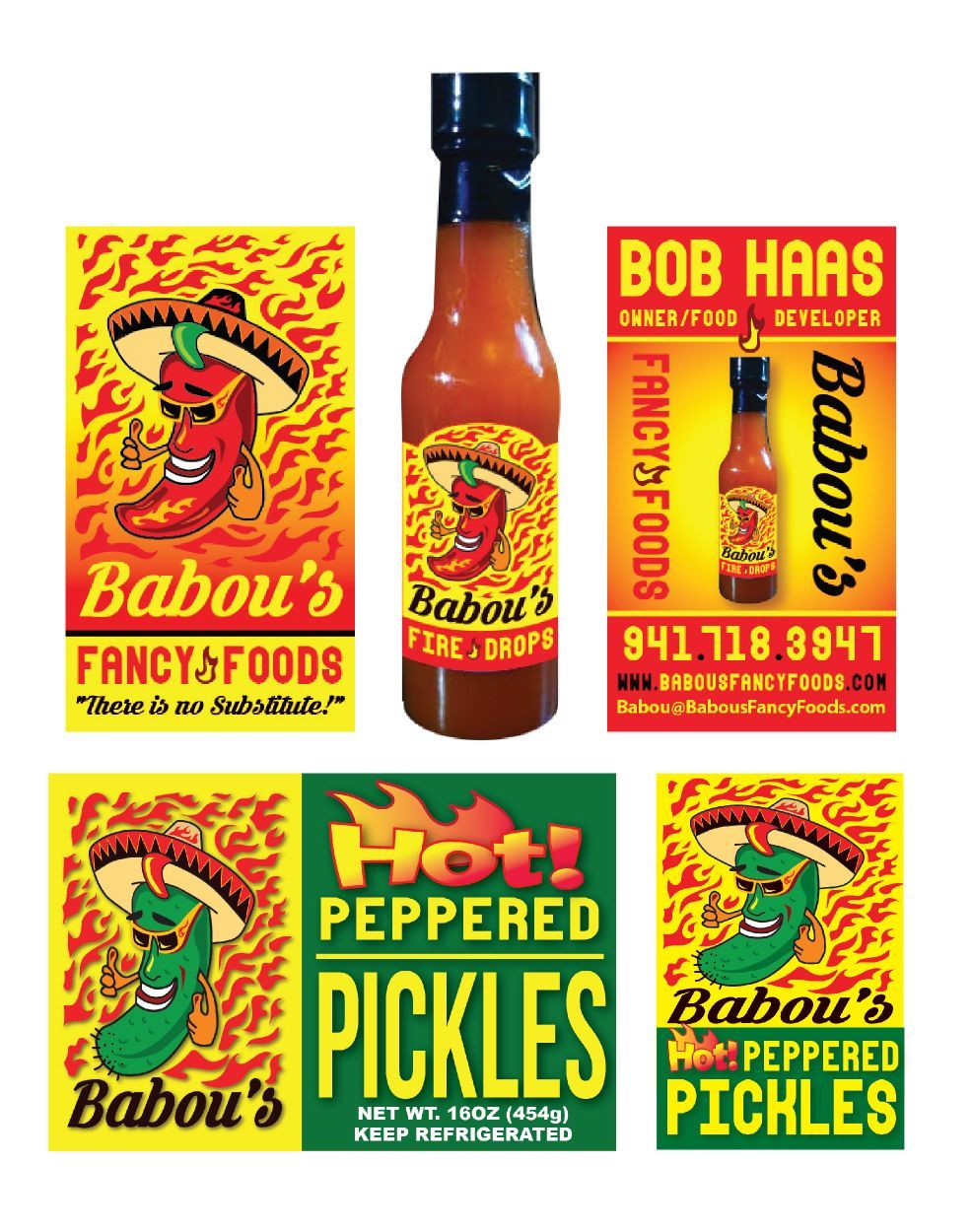 A bottle of babou 's hot peppered pickles next to a bottle of babou 's fancy foods