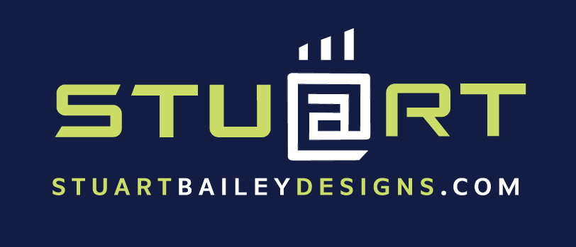 Logo for Stuart Bailey Designs: name in lime green on dark blue background with