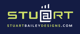 Logo for Stuart Bailey Designs: name in lime green on dark blue background with 