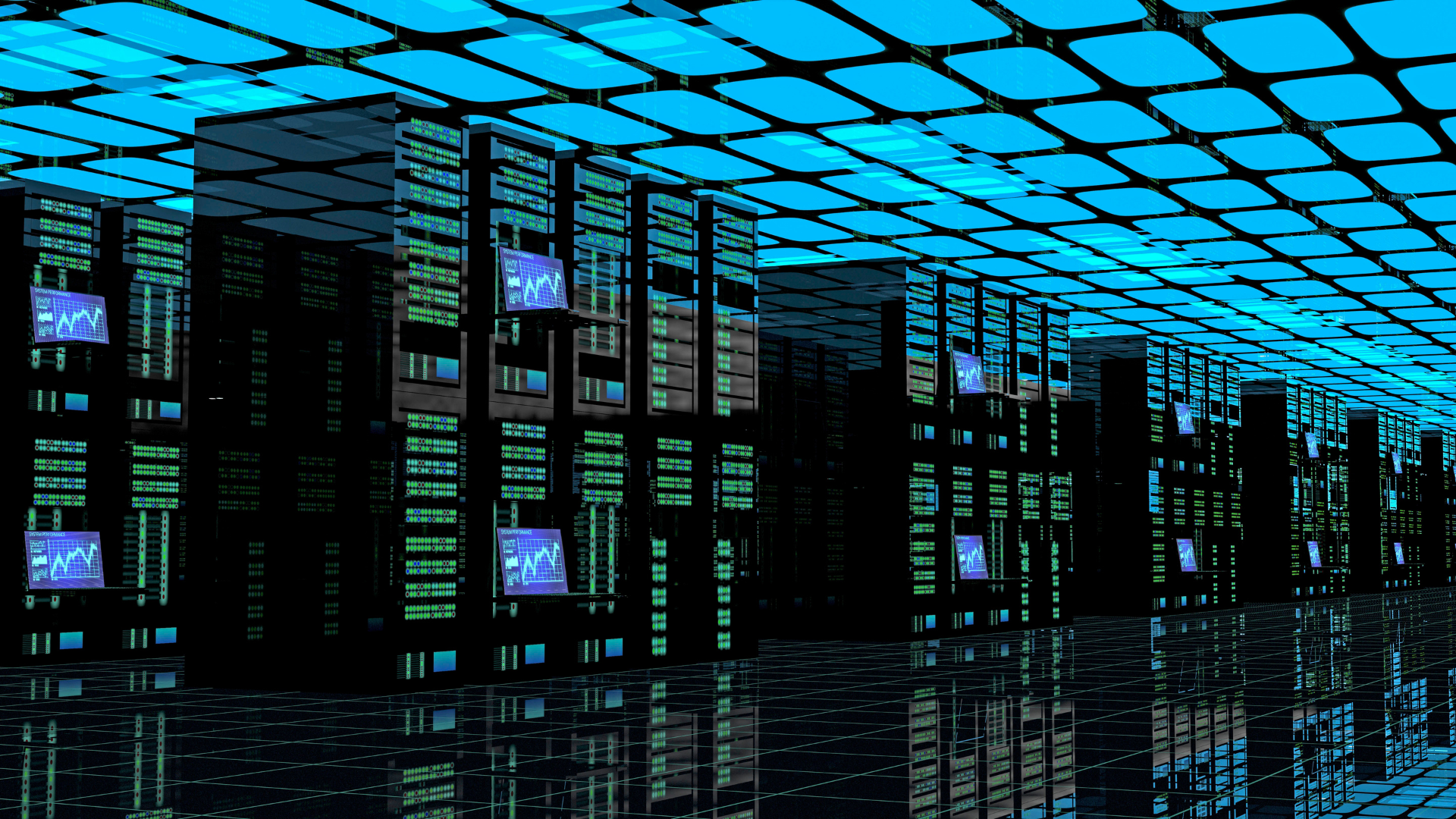 A row of servers are lined up in a dark room.