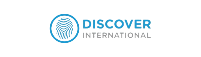 The logo for discover international shows a fingerprint in a circle.