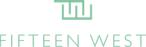 The logo for fifteen west is green and white.