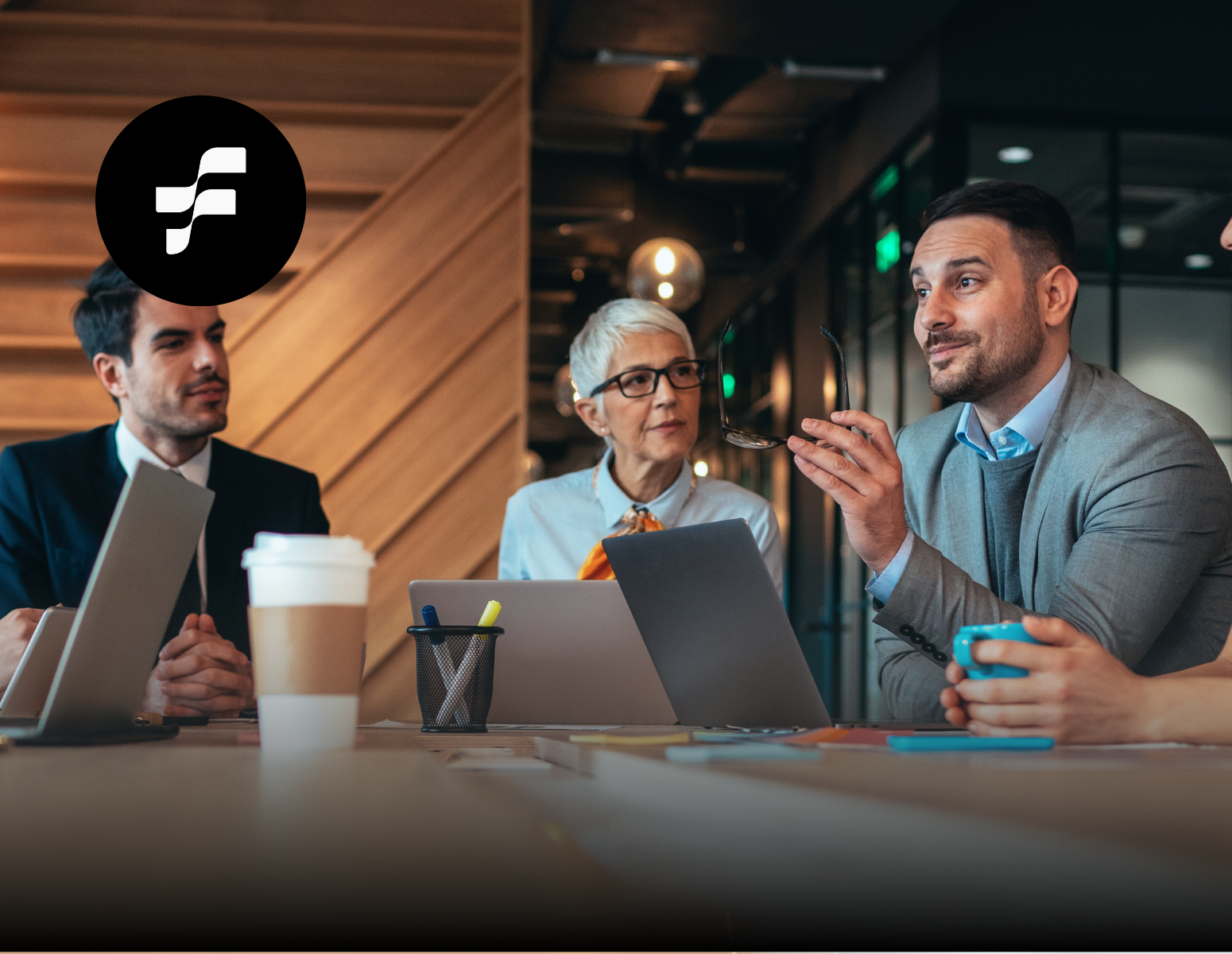 A white letter f on a black background.