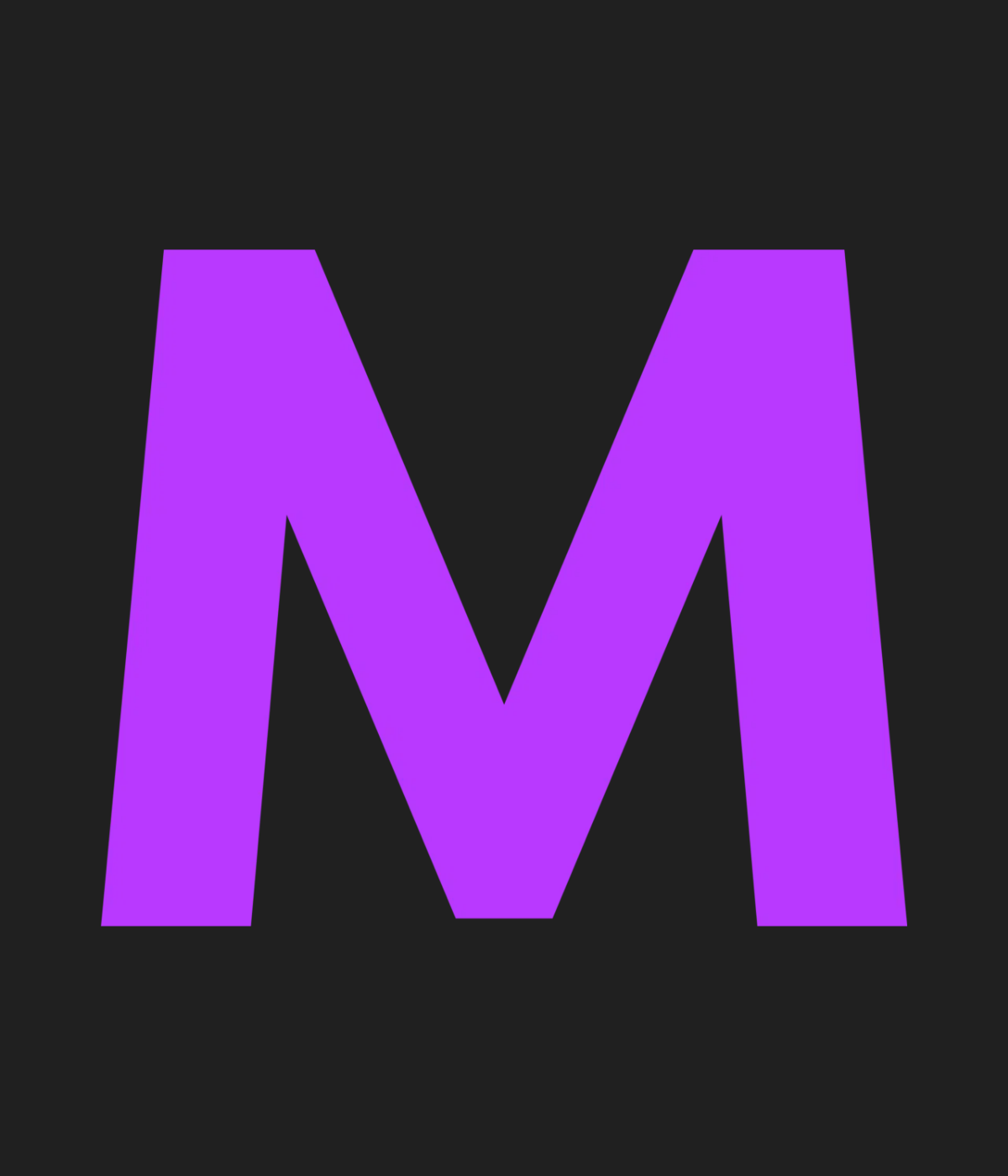 A purple letter m is on a black background.