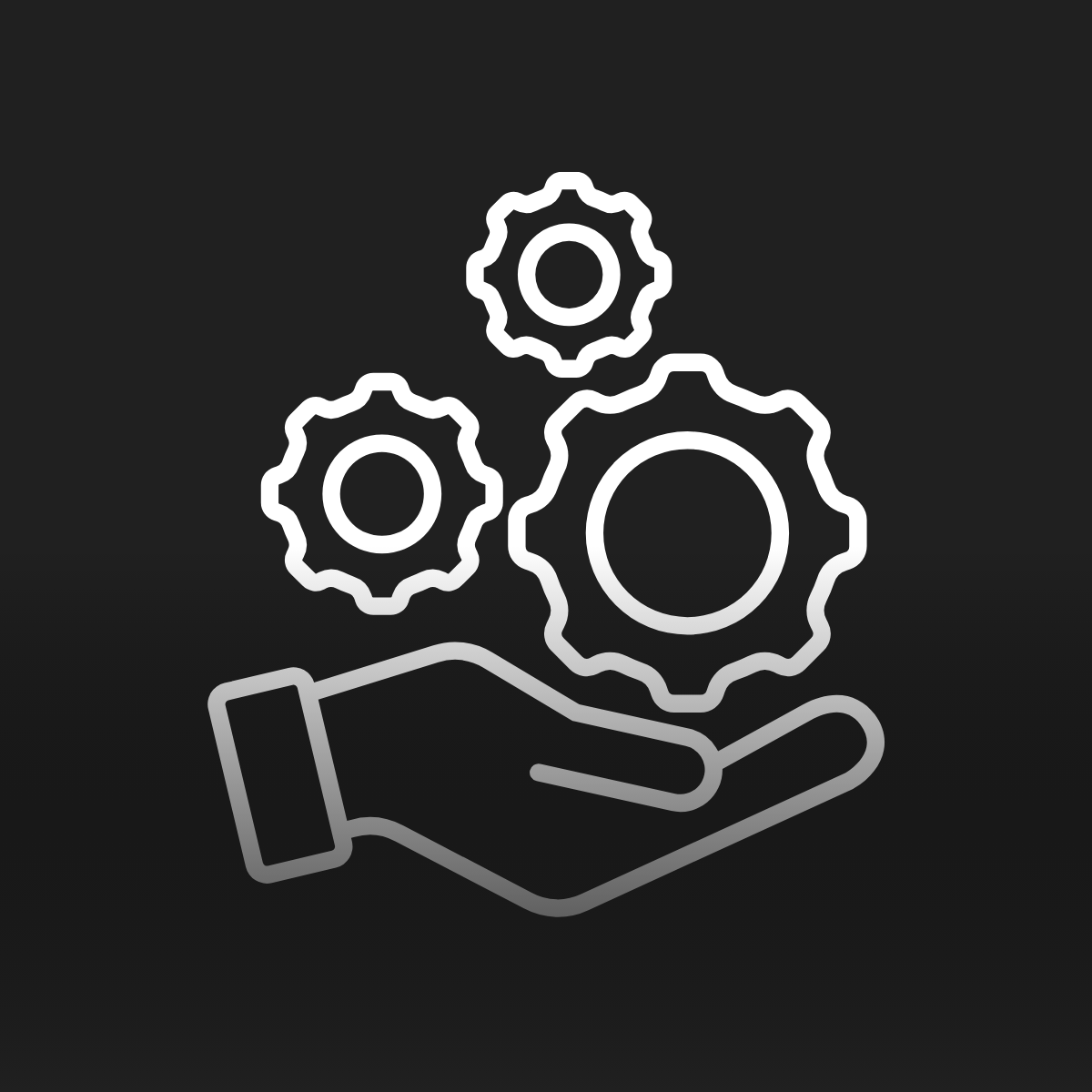 An icon of a hand holding gears on a black background.