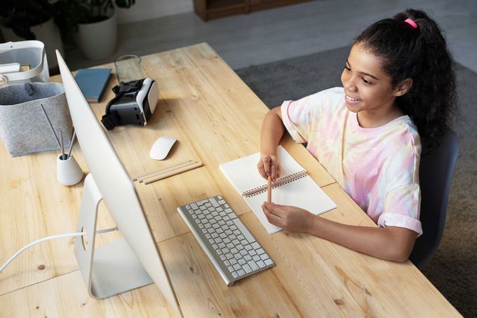 Black girl studying online