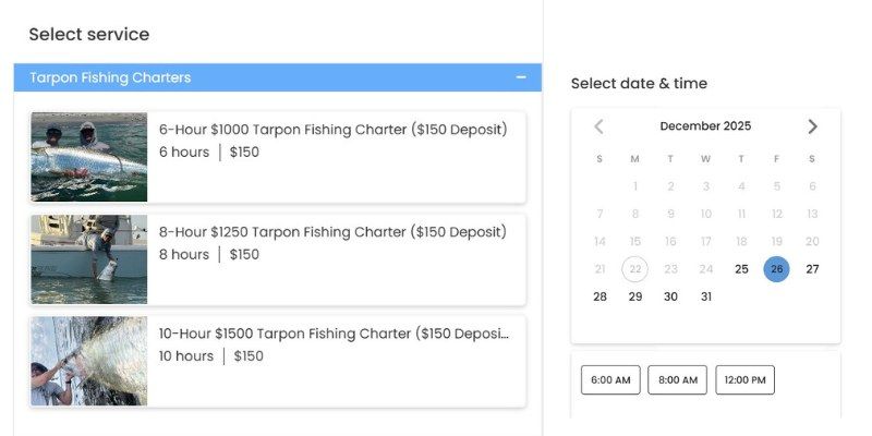 booking calendar for fishing web design