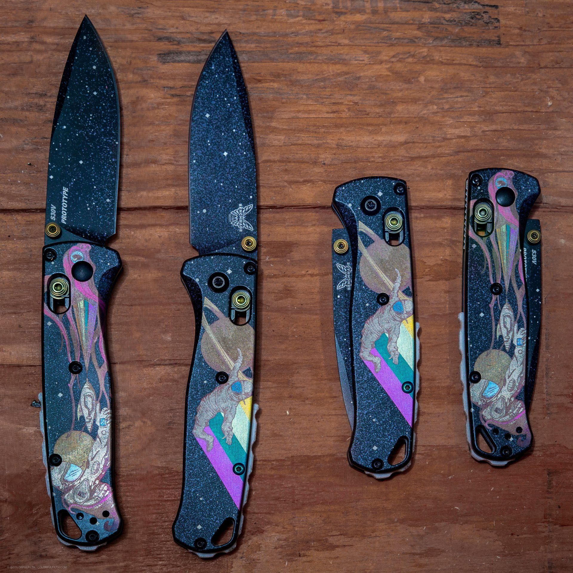 Open and closed composite image of the Northern Knives x Colorful Filth Benchmade Bugout
