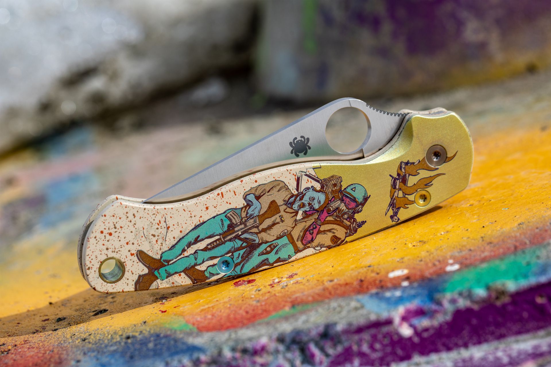 Open and closed composite image of the Northern Knives x Colorful Filth Benchmade Bugout