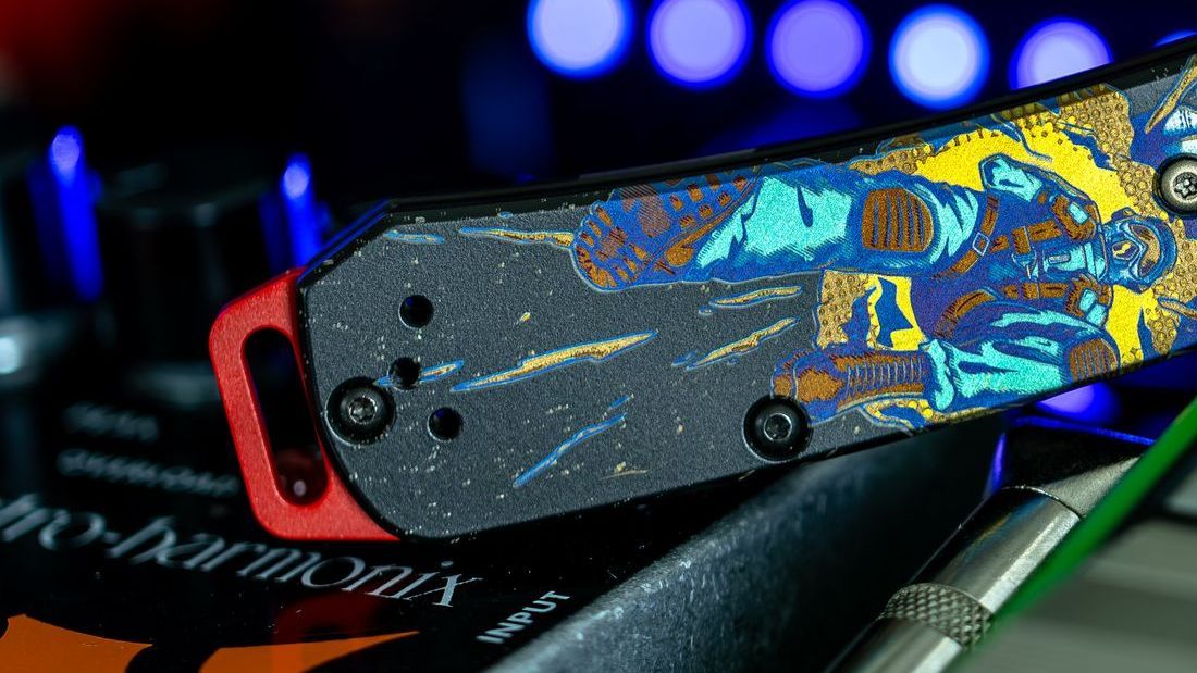 Northern Knives x Colorful Filth Benchmade Bugout Alongside the Machine Era Fountain Pen and the Vero Engineering Fulcrum