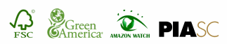 Logos for fsc green america piasc and amazon watch