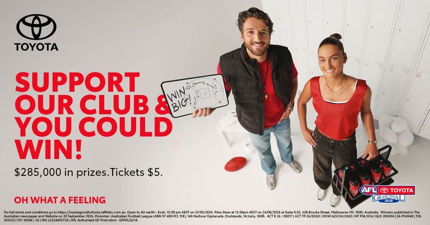 Toyota club support ad with smiling people, red text, and prize-ticket promotion on white background