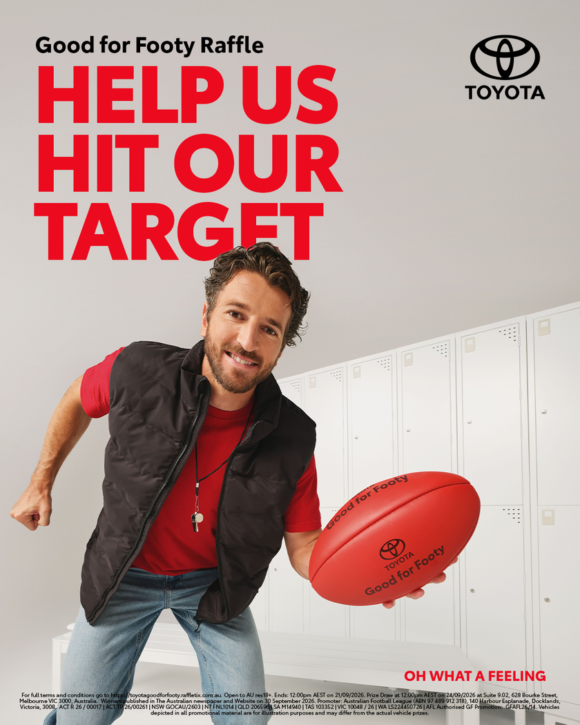 Toyota club support ad with smiling people, red text, and prize-ticket promotion on white background