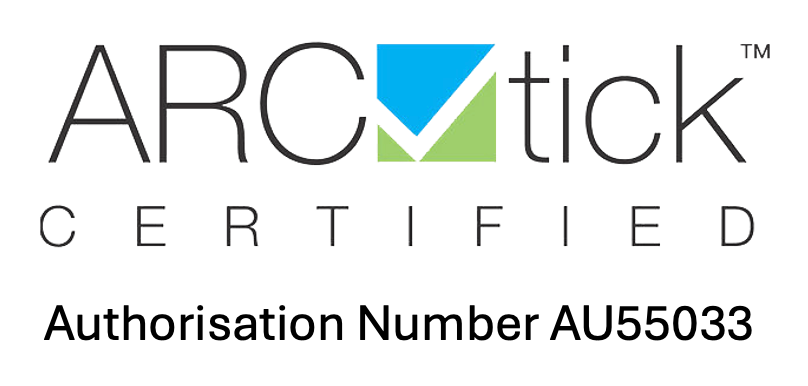 A logo for arc tick certified with authorization number au55033