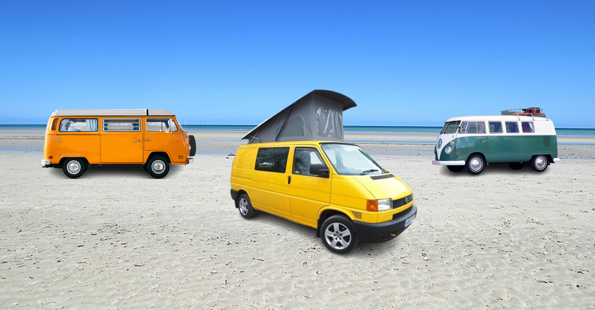 Three vans are parked on a sandy beach near the ocean