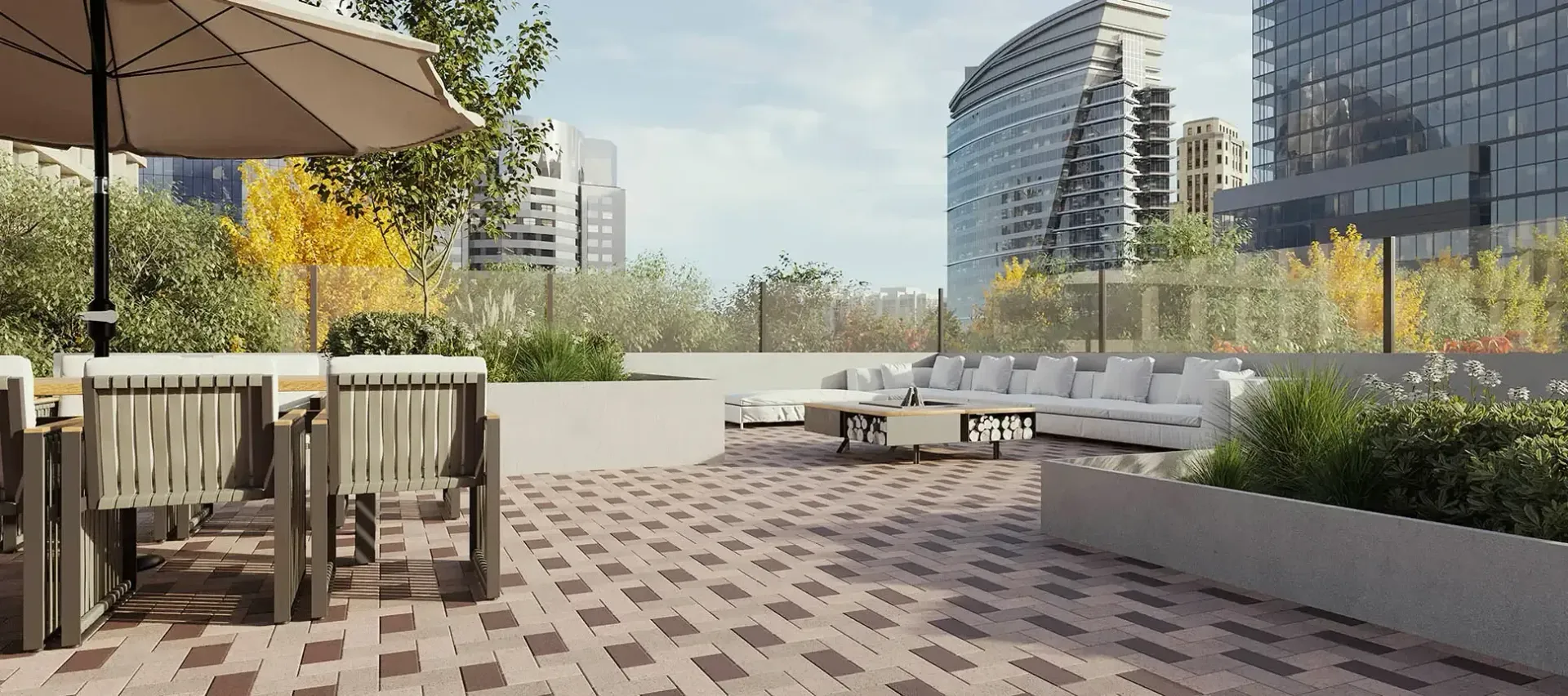 An artist 's impression of a patio with chairs and umbrellas.