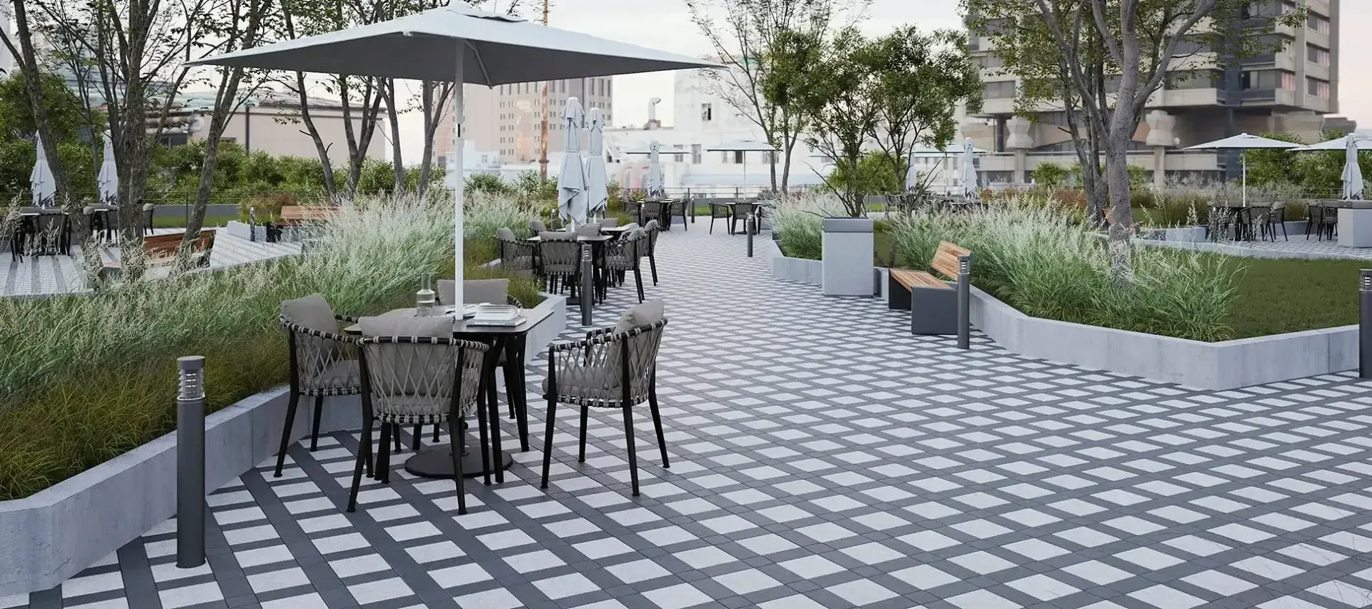 An artist 's impression of a patio with tables and chairs and umbrellas.