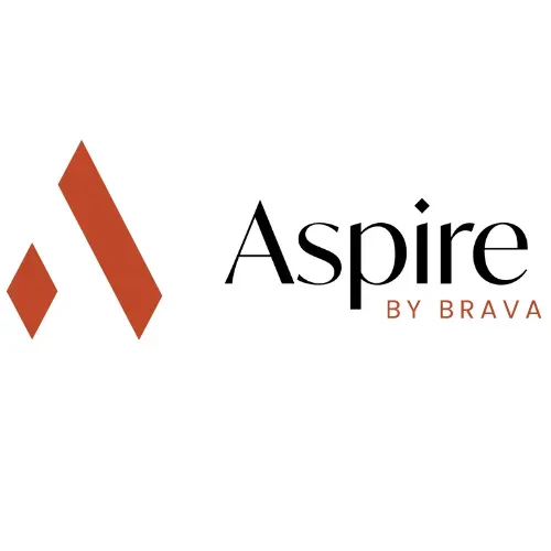 A logo for aspire by brava is shown on a white background.