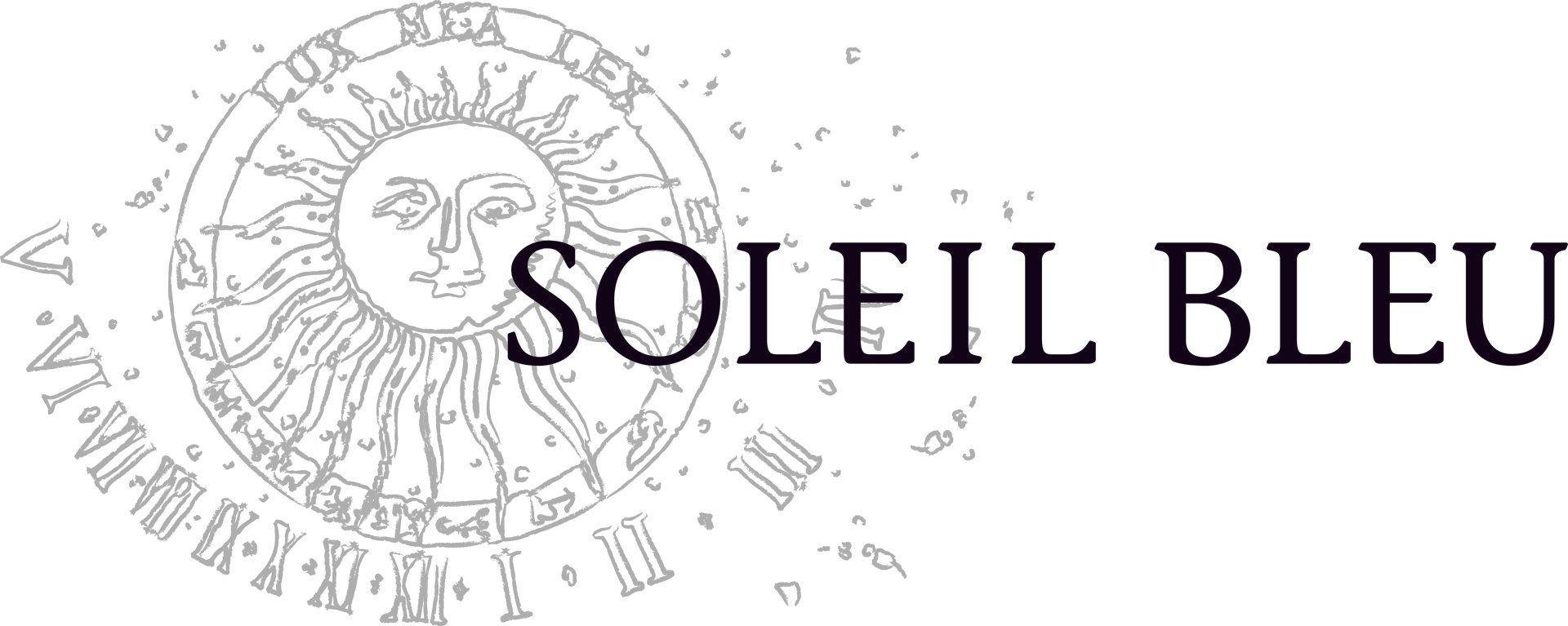 Ein schwarz-weißes Logo für Soleil Bleu mit einem Sonnengesicht in der Mitte.