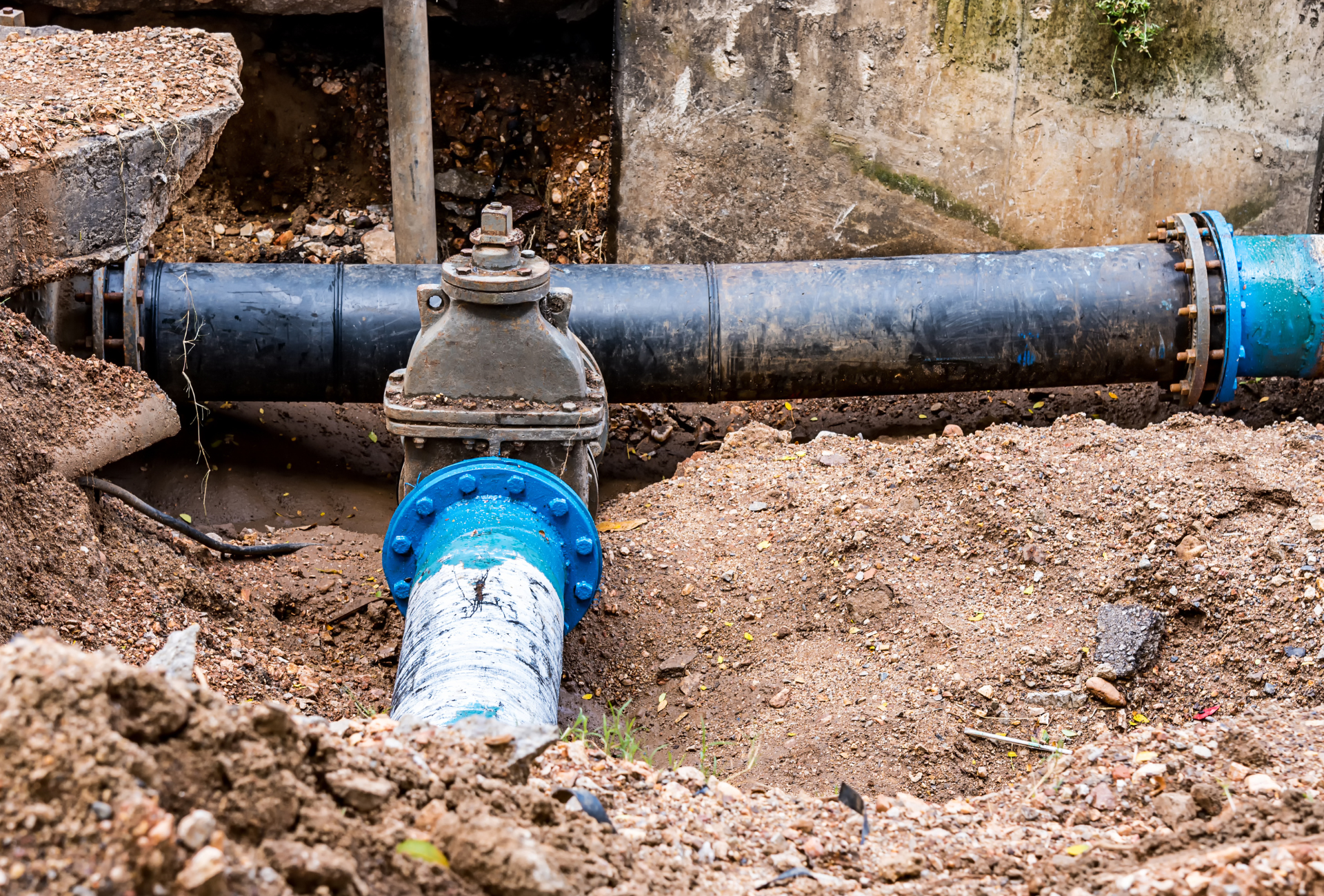 A water pipe is being installed in the dirt.