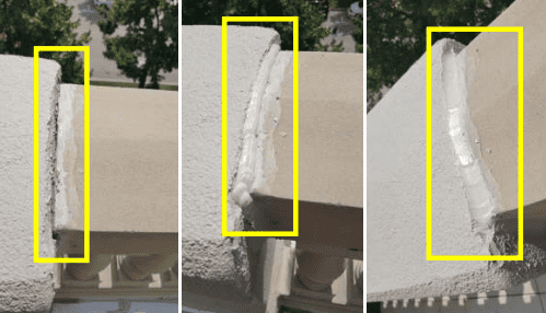 Three-panel image showing a close-up of a balcony inspection, with a deteriorating joint marked in yellow. The sequence highlights the progression of sealant application to address cracks and prevent water infiltration, ensuring structural integrity.