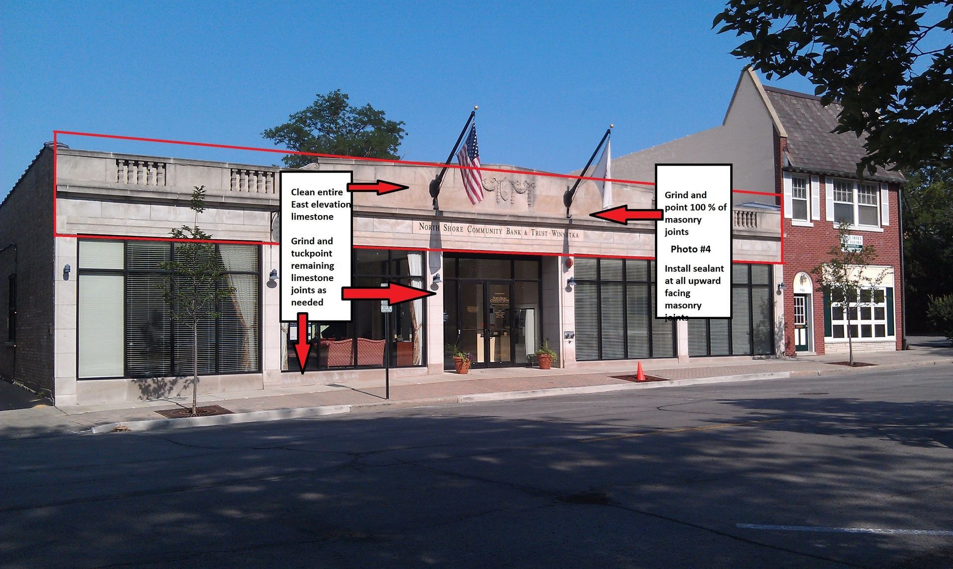 RestoreWorks inspection of North Shore Community Bank & Trust in Winnetka, Illinois, identifying areas for limestone cleaning, tuckpointing, masonry grinding, and sealant installation.