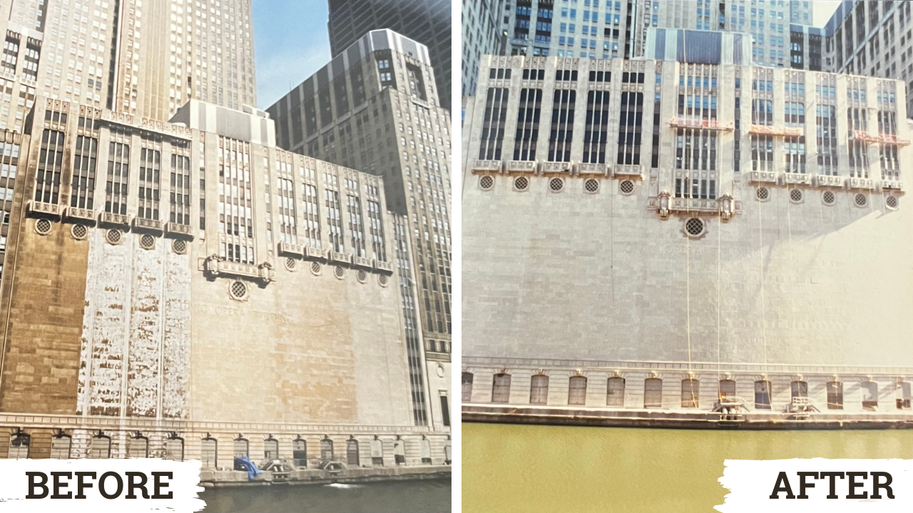 Before and after images of the Chicago Civic Opera House's riverside wall.