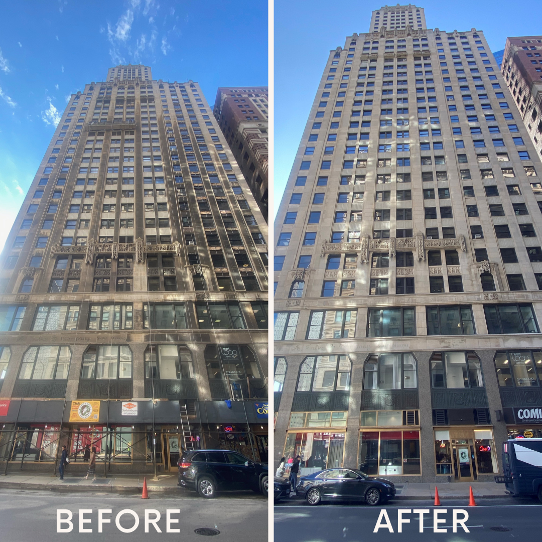 Before and after photos of RestoreWorks' restoration project for Willoughby Tower in Chicago Illinois