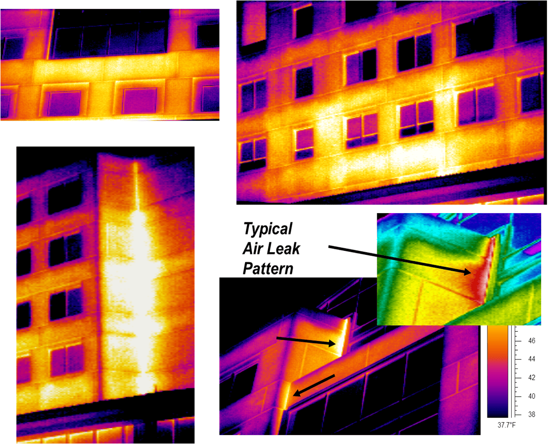 Thermal imaging of a masonry facade showing heat loss and air leakage around window perimeters and structural transitions.