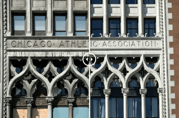 Before-and-after comparison showing carbon-stained limestone cleaned through controlled water-soak methods used by RestoreWorks at the Chicago Athletic Association in Chicago.