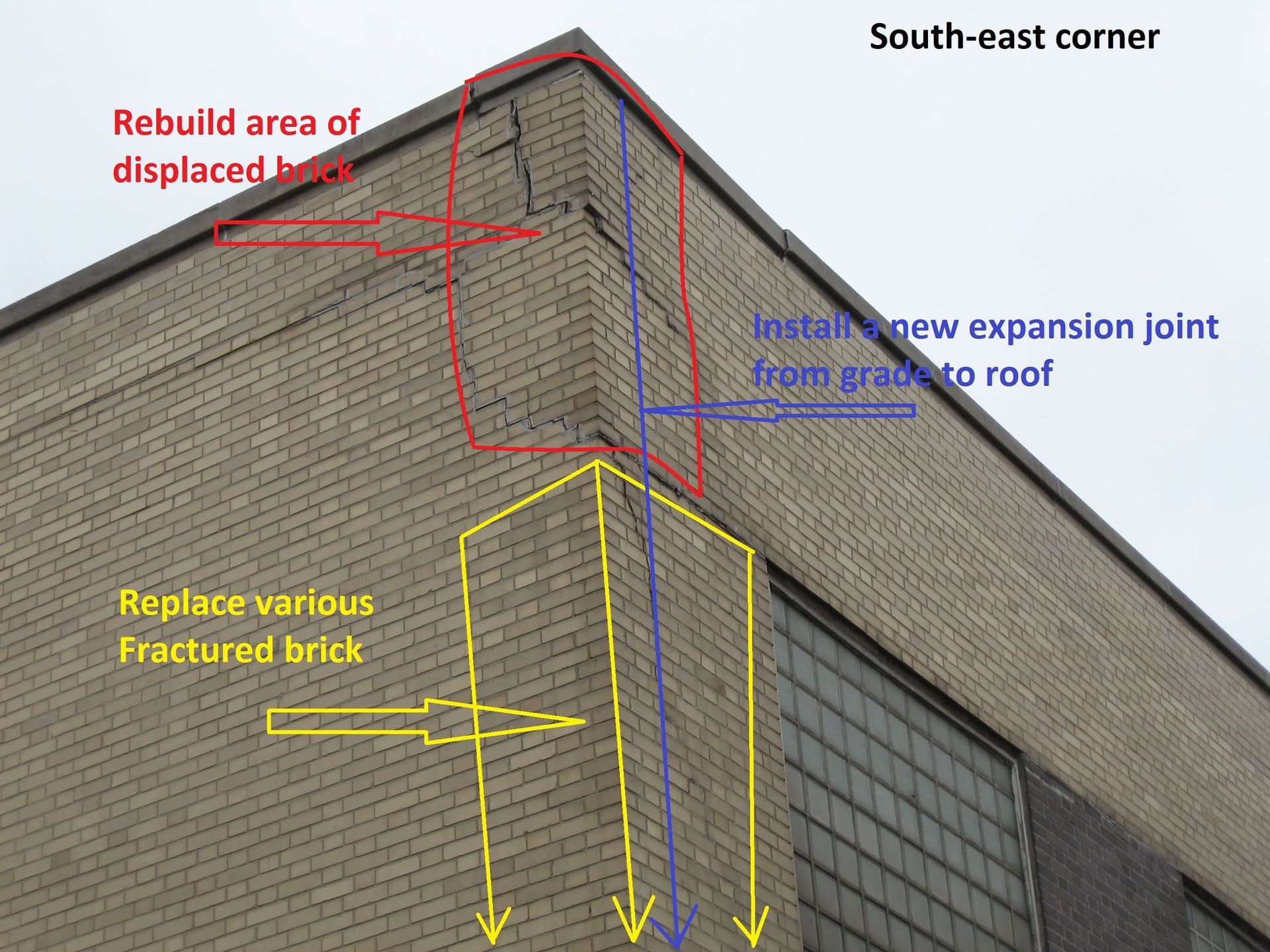 South-east corner of commercial brick building showing displaced and fractured masonry with failed sealant; RestoreWorks inspection recommends new expansion joint and masonry rebuild to prevent frost-related damage.