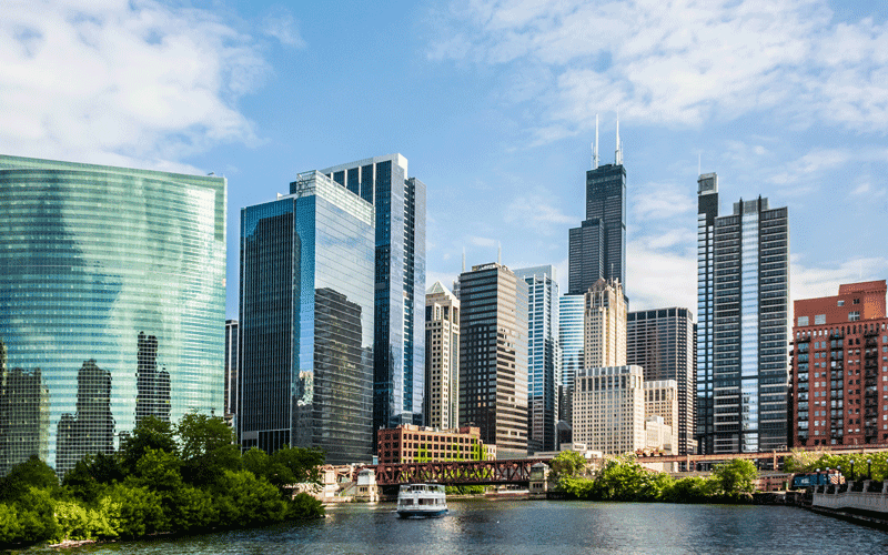 Chicago skyline, where evolving building codes like the Energy Transformation Code influence commercial masonry restoration planning.