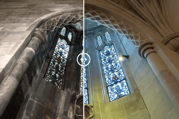 Split view of a cathedral stained-glass window and stone arch from different angles