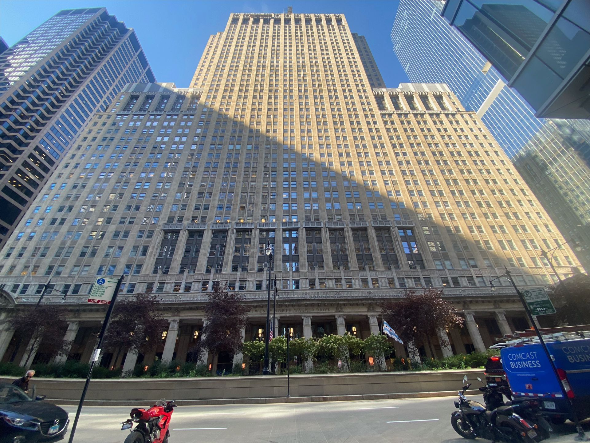 Exterior view of the Chicago Civic Opera House, a skyscraper with a limestone facade