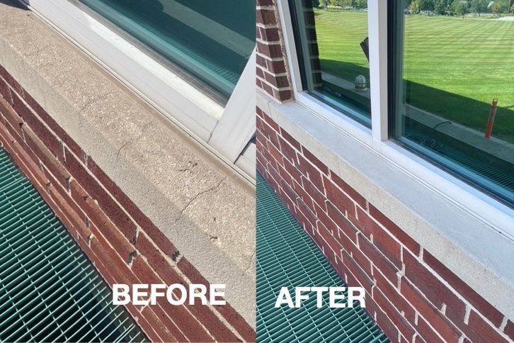 A before and after picture of a brick building