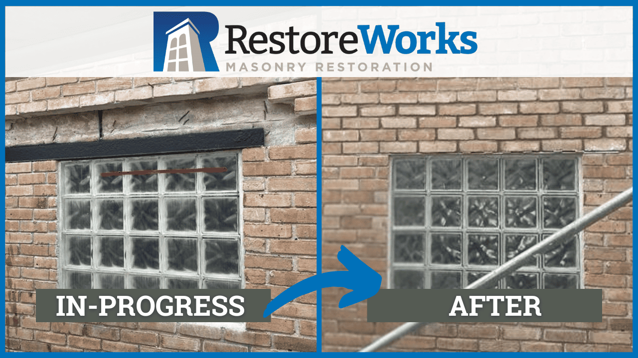 Before-and-after comparison of masonry reconstruction around glass block window. Left shows in-progress flashing and brick repair; right shows completed brickwork reset and blended to match existing façade for seamless restoration.