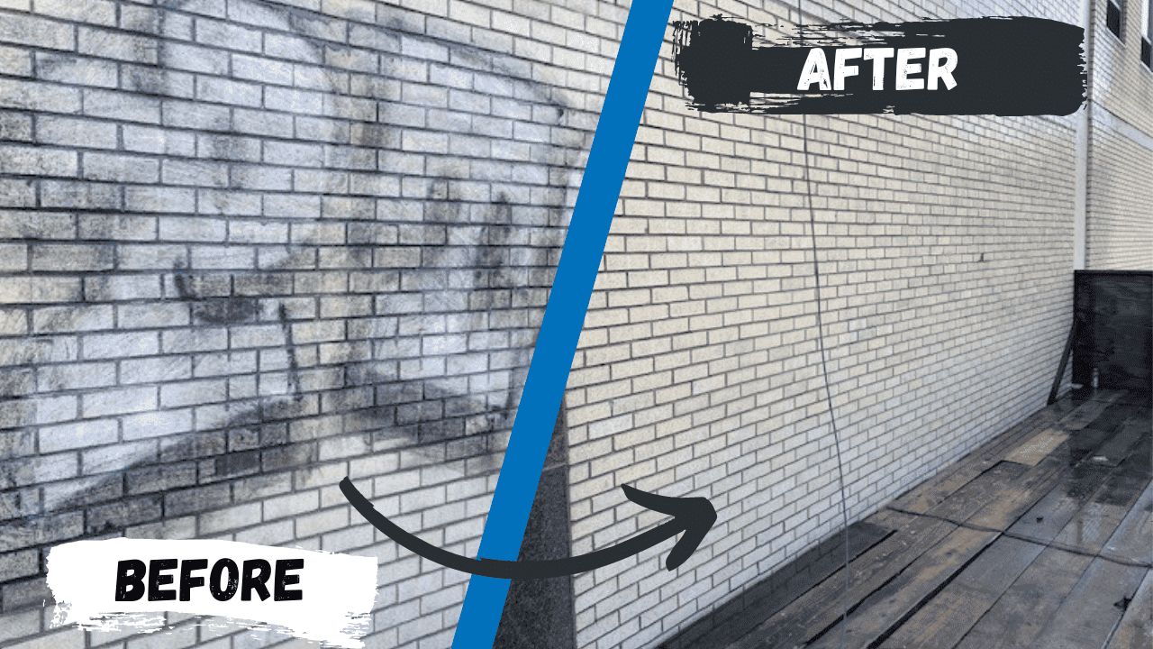 Before-and-after comparison of professional graffiti removal on a brick façade, showing effective masonry cleaning and contaminant-specific methods.