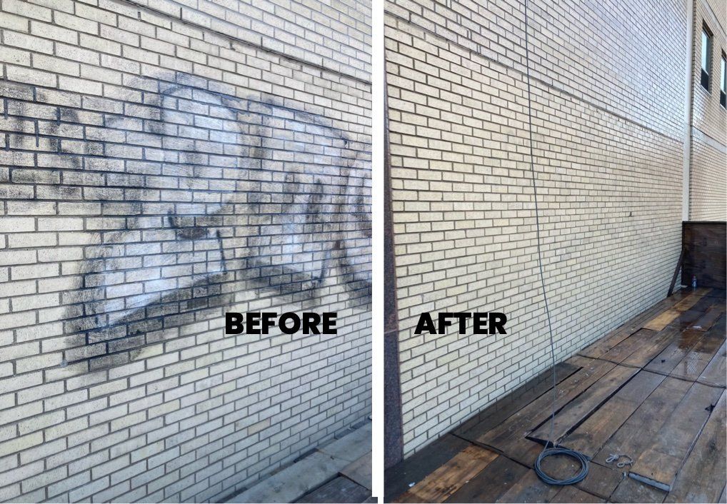 Before and after image showing the removal of graffiti from a masonry surface