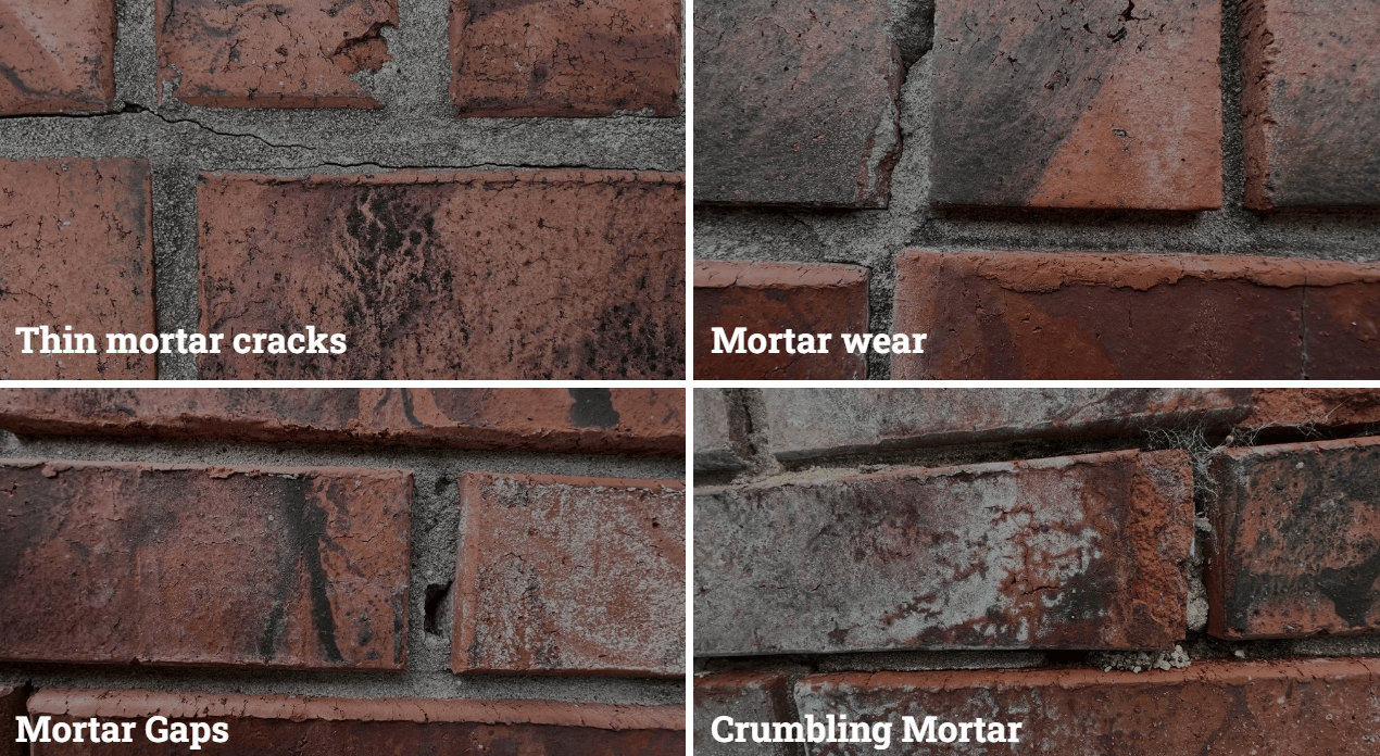 A collage of close-up images showcasing common masonry issues, including mortar cracks and gaps