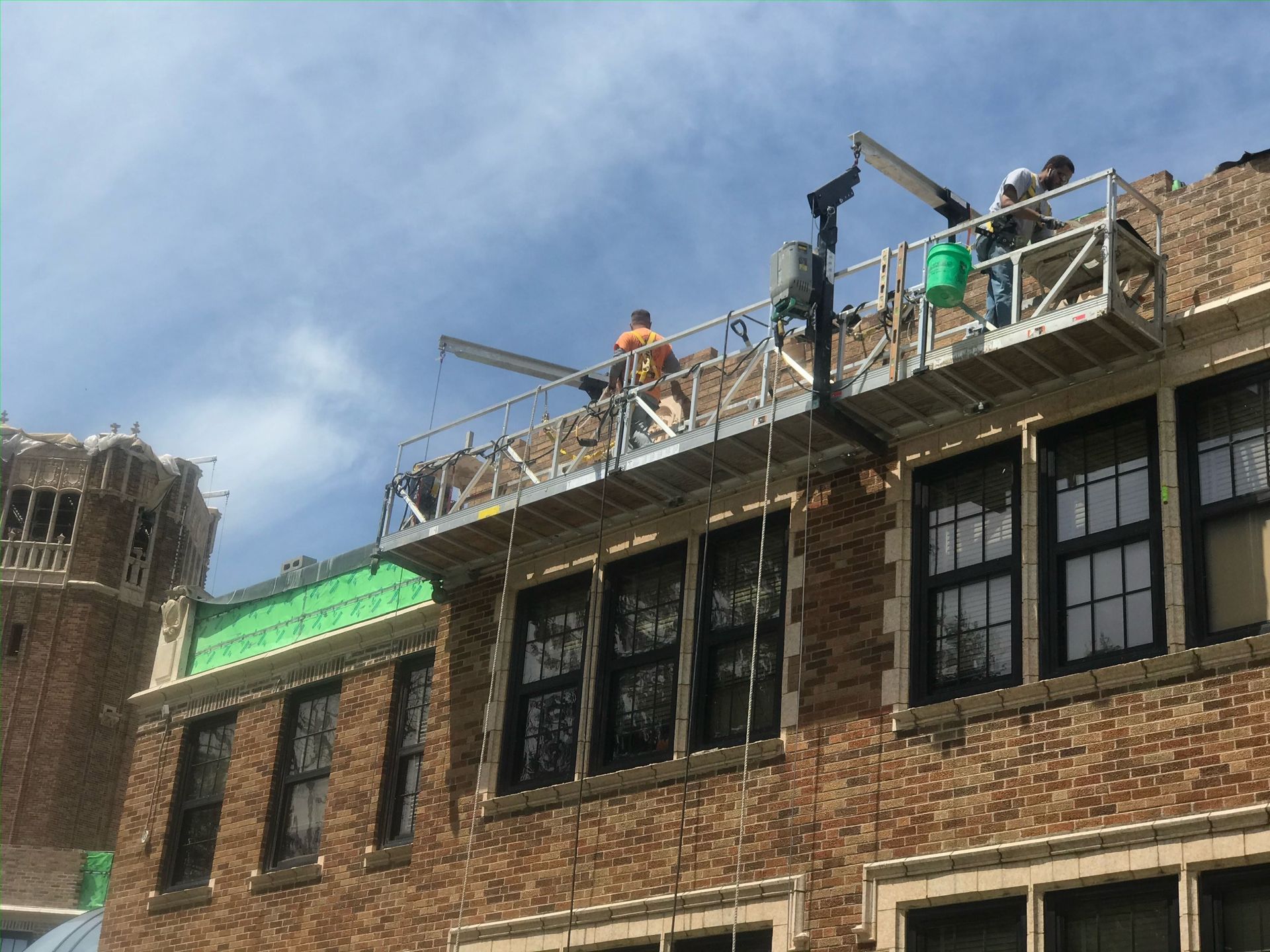 RestoreWorks crew conducting full-scale masonry restoration at the Indiana School for the Blind in Indianapolis. Preserving historic brickwork and ensuring long-term facade durability for an educational facility.