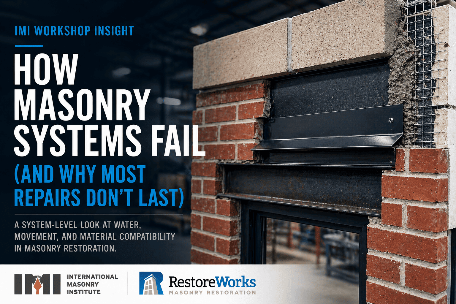 Workshop slide about masonry failure, showing cracked brickwork and dark water damage around a window.