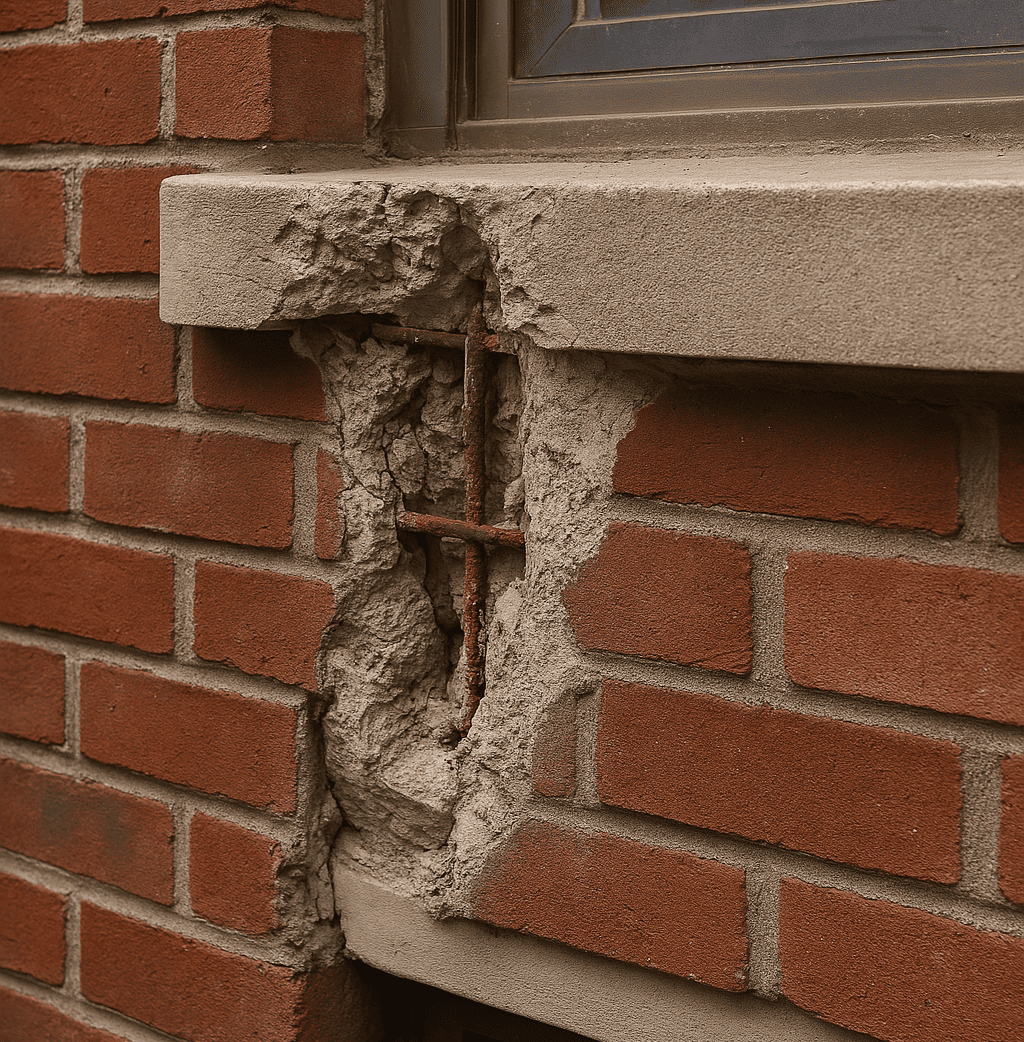 Crumbling concrete and exposed rebar beneath a window sill, showing masonry damage that may require emergency repair in cold weather.