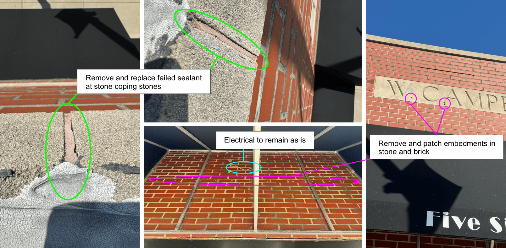 A collage of inspection photos marked up by a RestoreWorks project manager, highlighting common masonry issues. The annotations identify areas with failed sealant, embedment patches needed in stone and brick, and electrical components to remain as is. The images show close-ups of cracked mortar, brick surfaces, and coping stones, with colored circles and lines emphasizing problem areas.