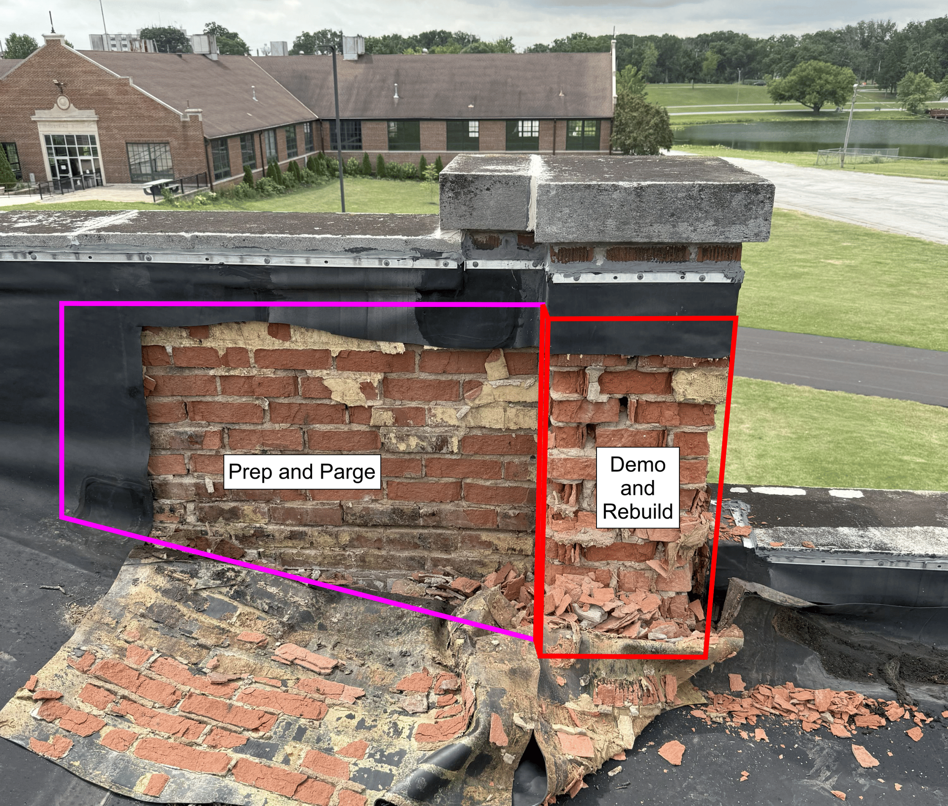 Annotated image of Meeker Hall’s parapet wall showing RestoreWorks’ targeted masonry repair approach—highlighting prep and parge work on one section and full demo and rebuild on another to address varying levels of deterioration in Crown Point, Indiana.