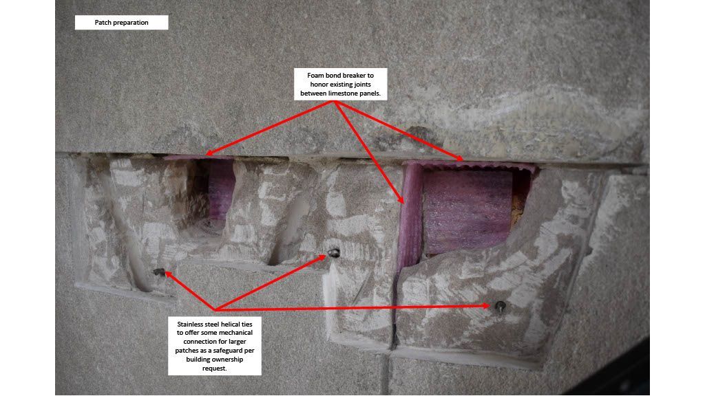 A close-up image of a limestone wall repair in progress. Foam bond breakers and stainless steel helical ties are used to reinforce the damaged area