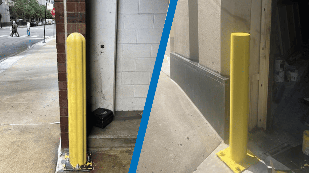 Before and after comparison of bollard replacement at the Sheraton Grand Chicago Riverwalk showing restored concrete base and newly installed yellow bollard.