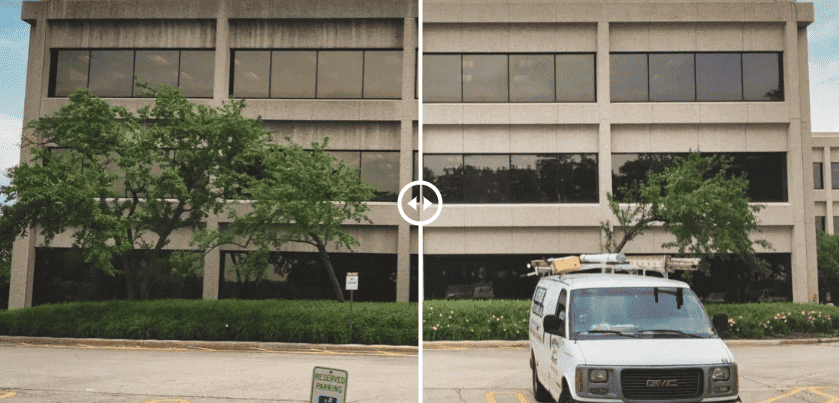 Before-and-after comparison of a commercial building façade showing the impact of restorative masonry cleaning and substrate condition.