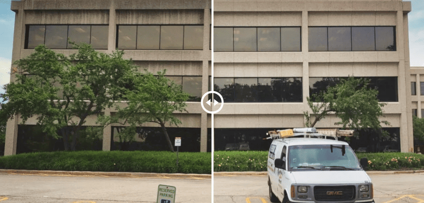 Example of restorative masonry cleaning showing how professional cleaning improves building appearance and protects the facade.