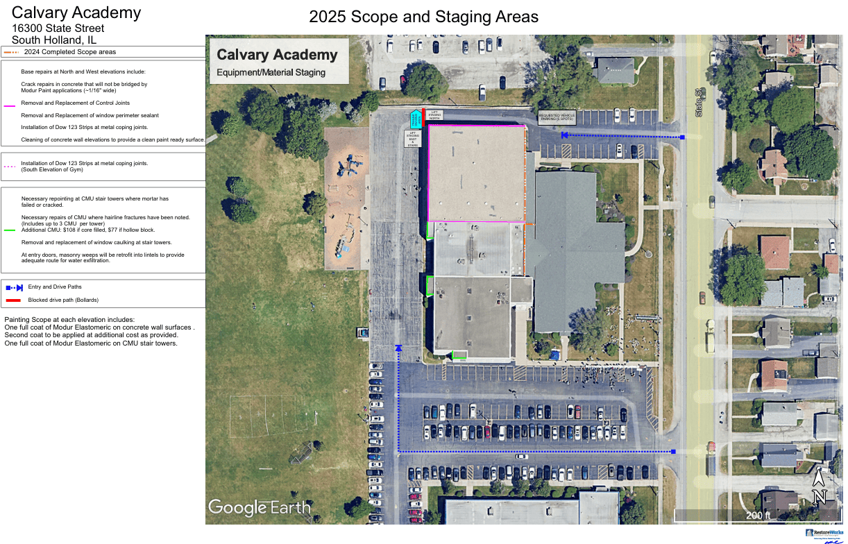 Aerial site plan of Calvary Academy showing completed 2024 scope areas, planned 2025 repair zones, and equipment/material staging areas. The map includes directional arrows for entry paths and blocked drive paths to support safe project sequencing during school operations.