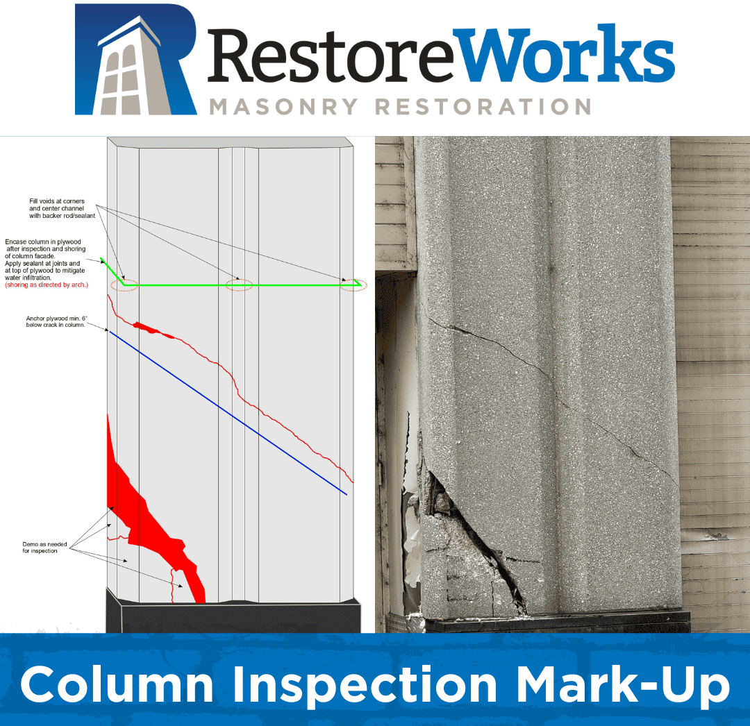 Column inspection mark-up created by RestoreWorks showing structural cracks and repair notes alongside site photo documentation.